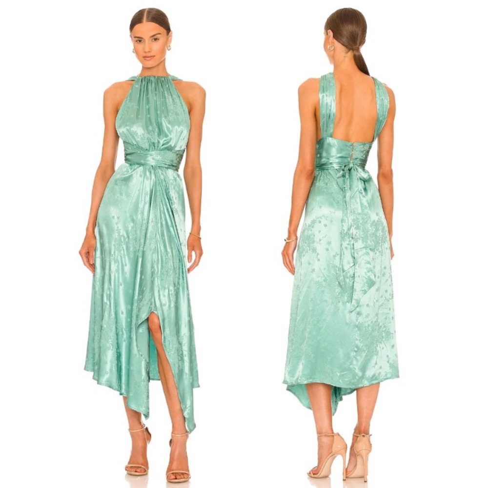NWT Sabina Musayev Juniper Satin Floral Halter Midi Dress Spearmint Green